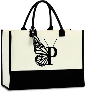 Hanamiya Na Butterfly Initial Canvas Tote Bag Personalized Beach Bag Reusable Grocery Bags Monogrammed Gifts
