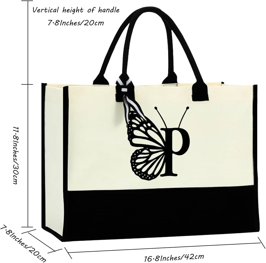 Hanamiya Na Butterfly Initial Canvas Tote Bag Personalized Beach Bag Reusable Grocery Bags Monogrammed Gifts