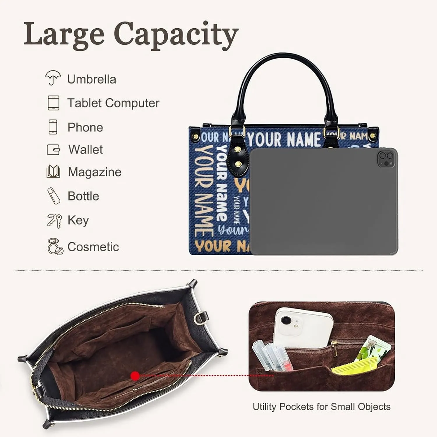 Handbags for Women - Personalized Leather Purse with Name Photo - Tote Bags for Mom Grandma - Custom Gifts Ideas for Her