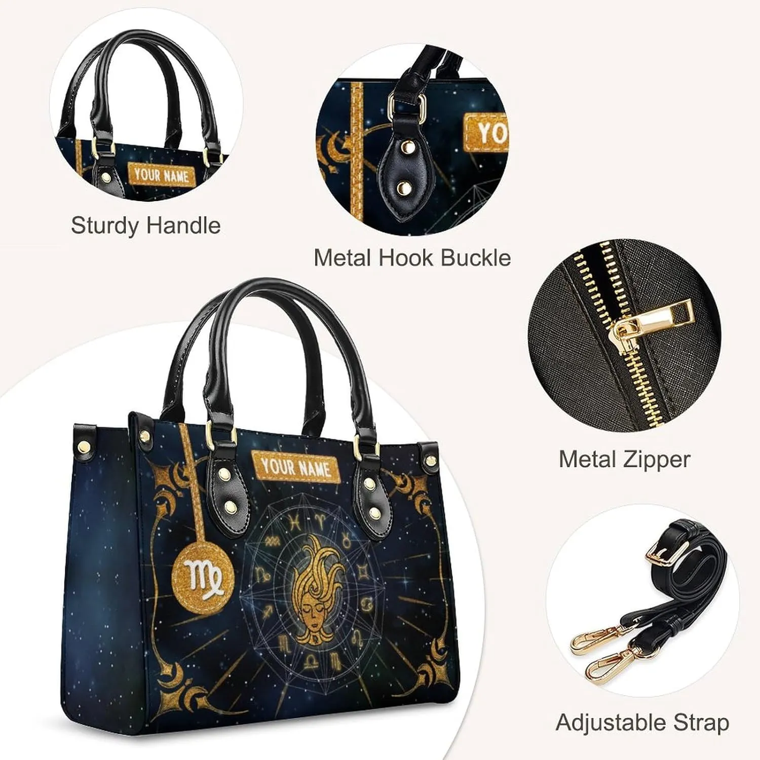 Handbags for Women - Personalized Leather Purse with Name - Tote Bags for Mom Grandma - Zodiac Gifts Ideas for Her