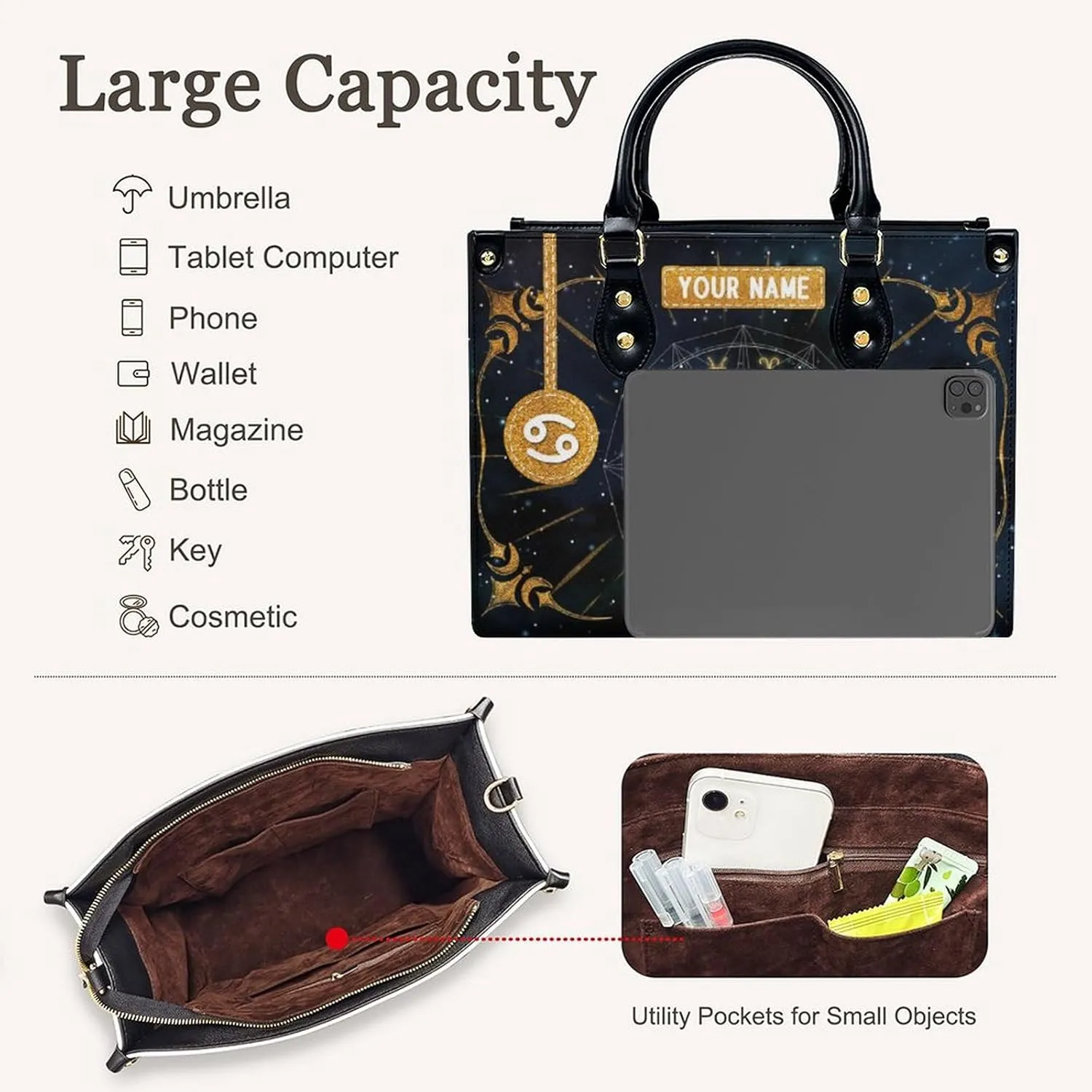 Handbags for Women - Personalized Leather Purse with Name - Tote Bags for Mom Grandma - Zodiac Gifts Ideas for Her