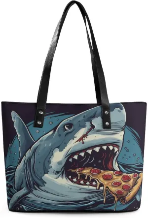 Handbags for Women Shark Eats Pizza Leather Tote Bag Satchel Bags for Girls, multi-coloured, 29*34*14cm
