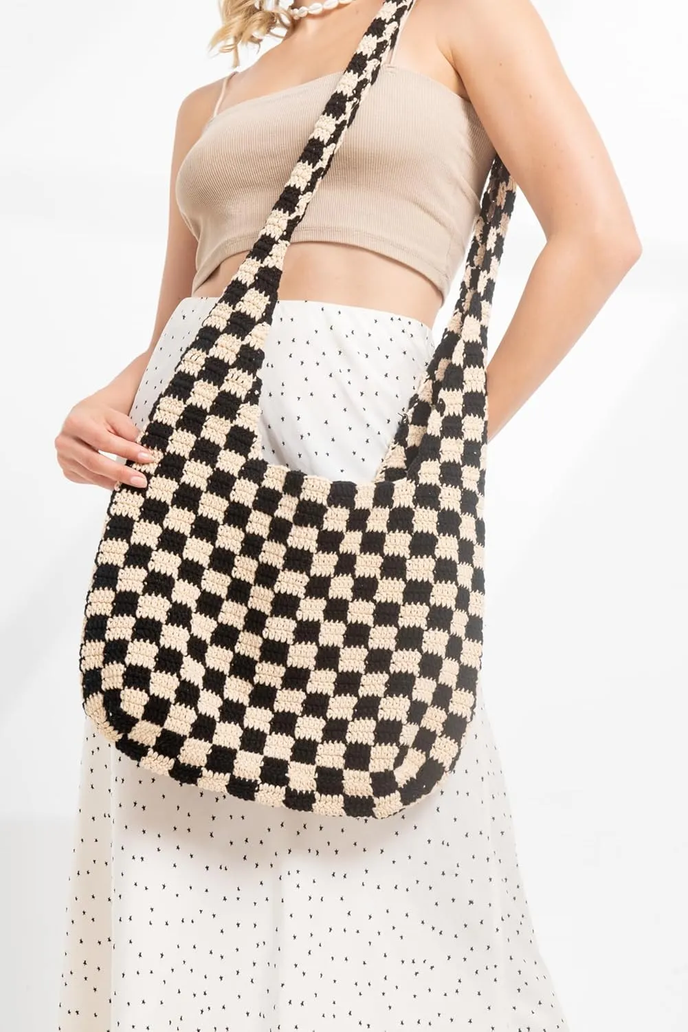 Handmade Checkered Pattern Crochet Tote Bag, Aesthetic Hobo Shoulder Crochet Beach Bag
