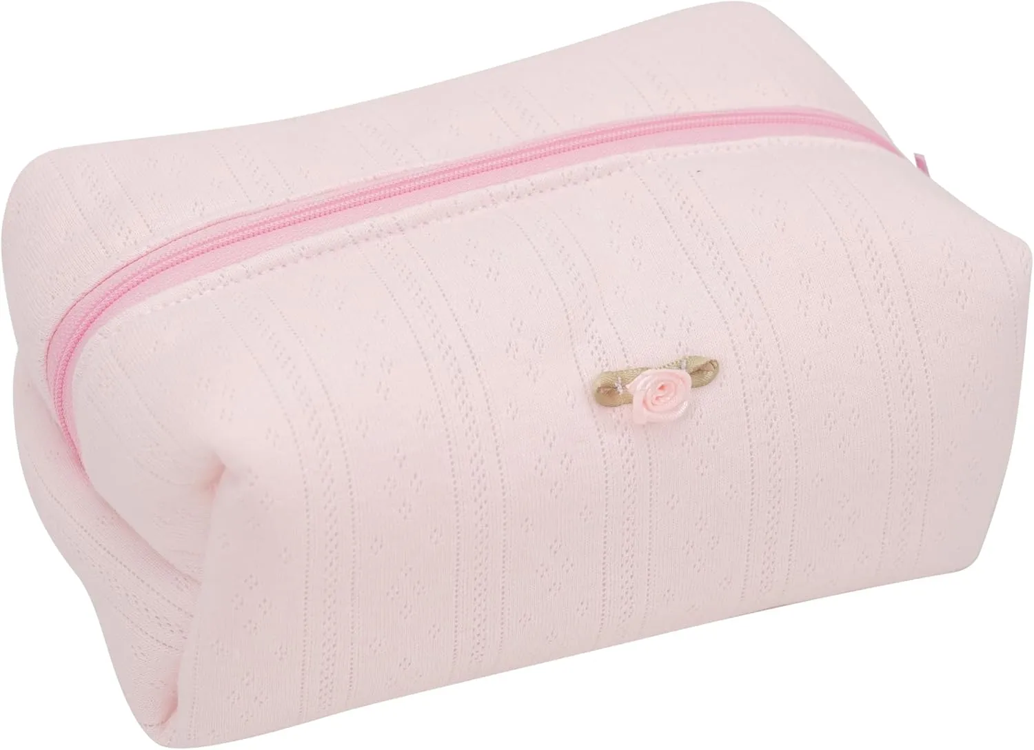 Handmade Quilted Cotton Makeup Bag for Women - Cute Cosmetic Pouch, Travel Toiletry & Make Up Organizer, Coquette Aesthetic Skincare Bag, Travel Essentials (Creamy Pink)