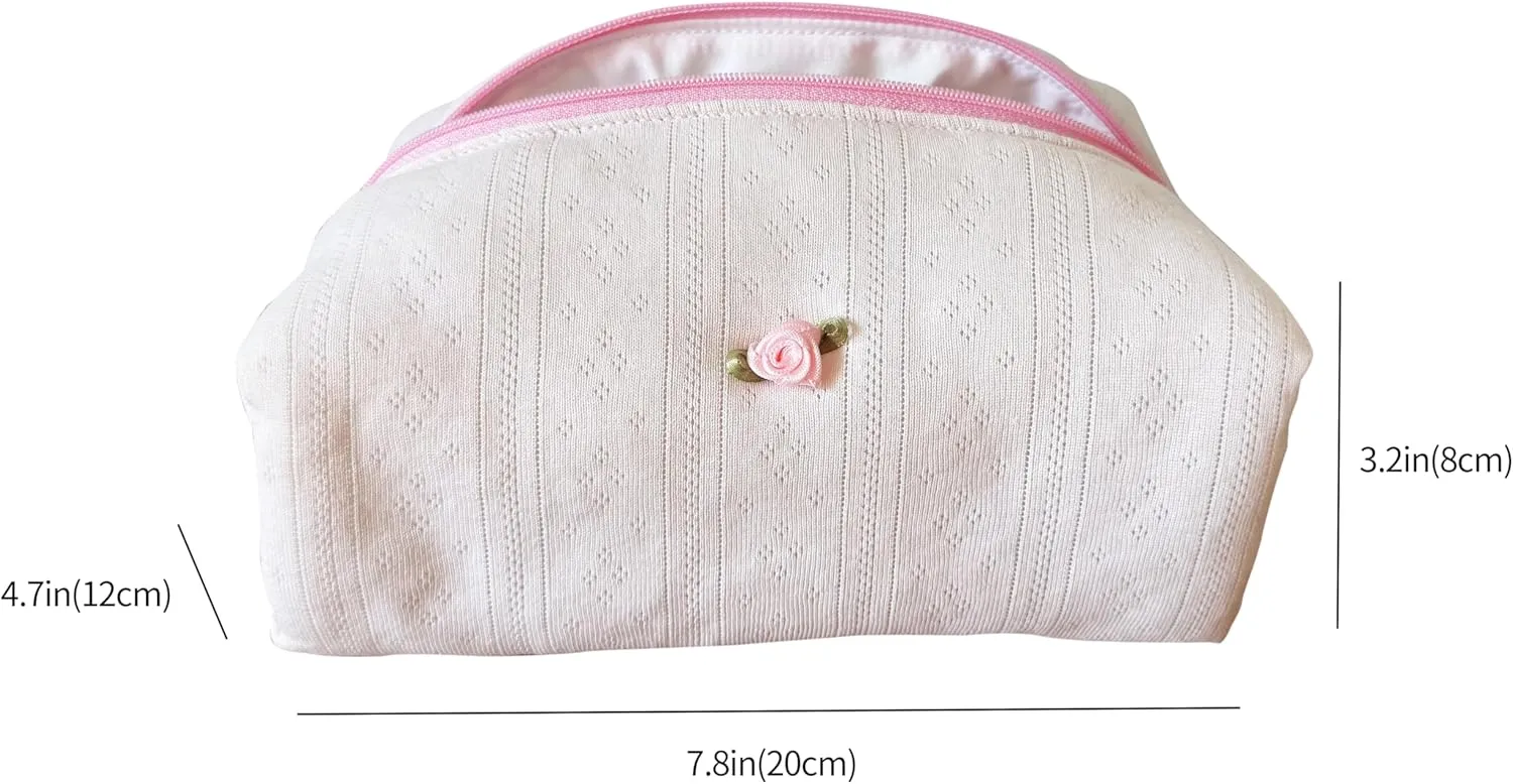 Handmade Quilted Cotton Makeup Bag for Women - Cute Cosmetic Pouch, Travel Toiletry & Make Up Organizer, Coquette Aesthetic Skincare Bag, Travel Essentials (Creamy Pink)