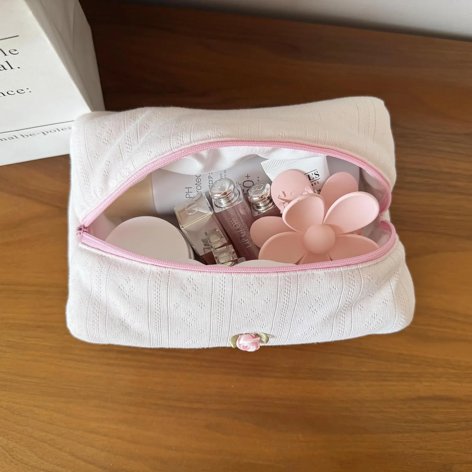 Handmade Quilted Cotton Makeup Bag for Women - Cute Cosmetic Pouch, Travel Toiletry & Make Up Organizer, Coquette Aesthetic Skincare Bag, Travel Essentials (Creamy Pink)
