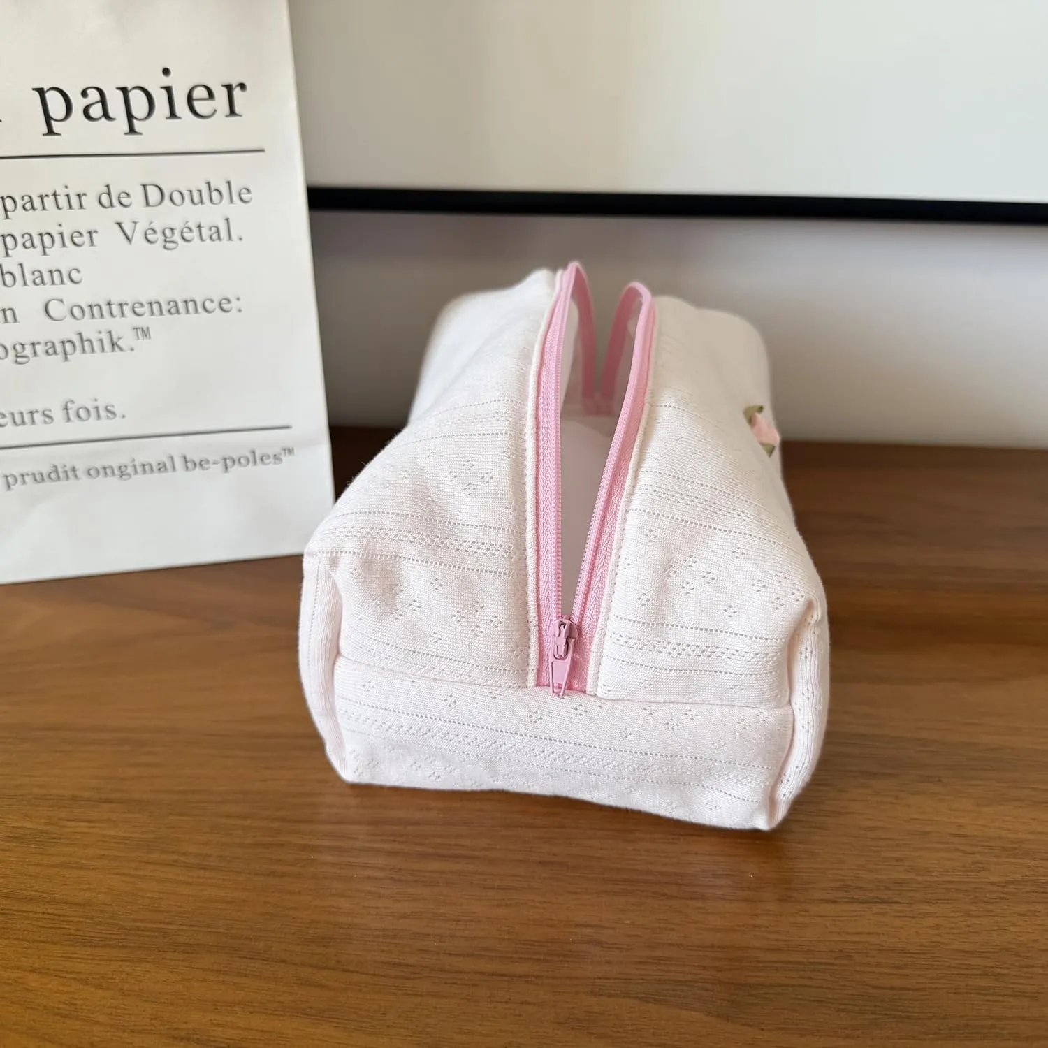 Handmade Quilted Cotton Makeup Bag for Women - Cute Cosmetic Pouch, Travel Toiletry & Make Up Organizer, Coquette Aesthetic Skincare Bag, Travel Essentials (Creamy Pink)