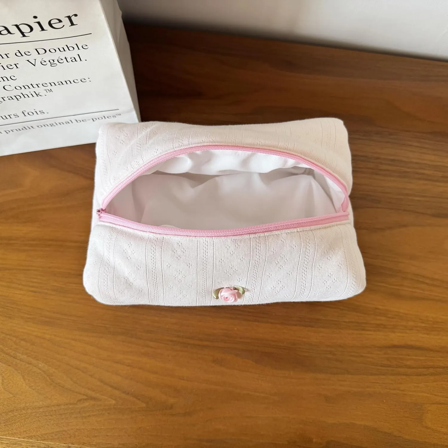 Handmade Quilted Cotton Makeup Bag for Women - Cute Cosmetic Pouch, Travel Toiletry & Make Up Organizer, Coquette Aesthetic Skincare Bag, Travel Essentials (Creamy Pink)
