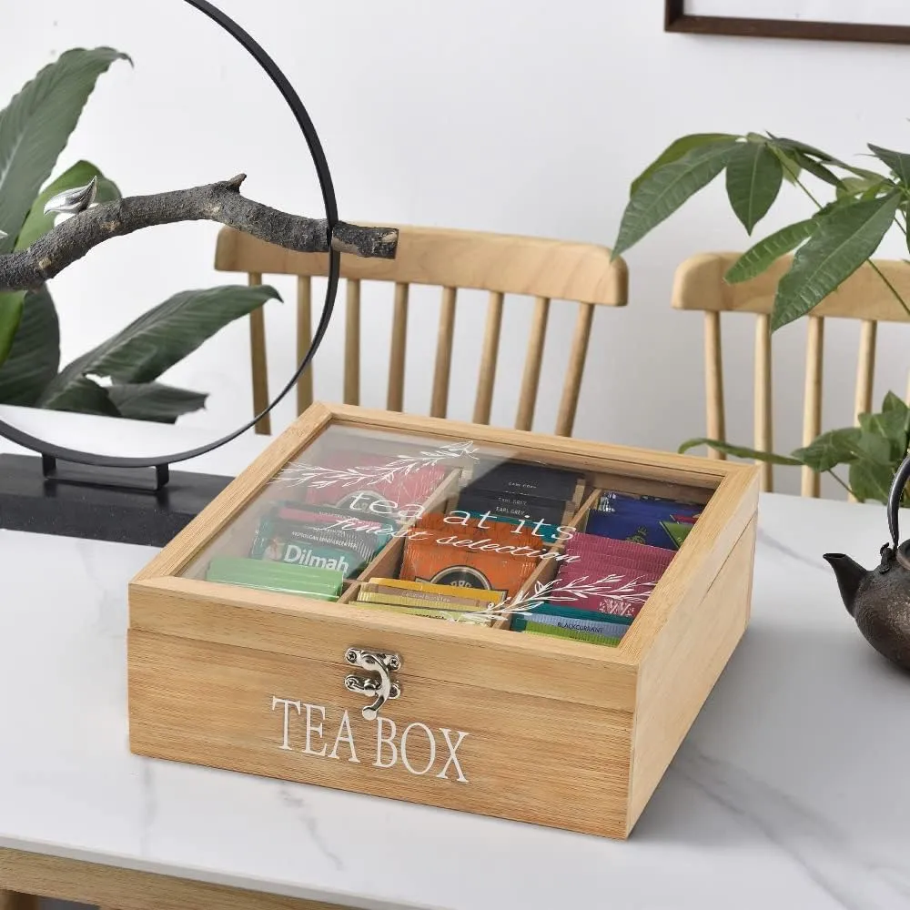 handrong Tea Box Tea Bag Organizer Bamboo Tea Bag Holder Modern Tea Caddy Chest with 9 Compartments and Clear Cover for Home Use Holiday Gift