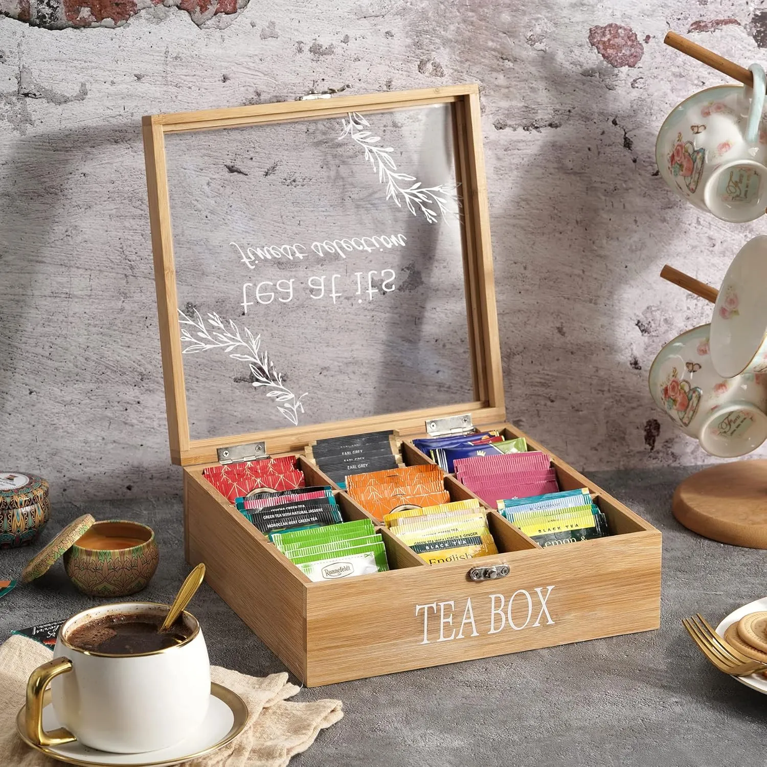 handrong Tea Box Tea Bag Organizer Bamboo Tea Bag Holder Modern Tea Caddy Chest with 9 Compartments and Clear Cover for Home Use Holiday Gift