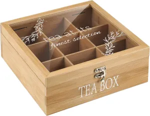 handrong Tea Box Tea Bag Organizer Bamboo Tea Bag Holder Modern Tea Caddy Chest with 9 Compartments and Clear Cover for Home Use Holiday Gift
