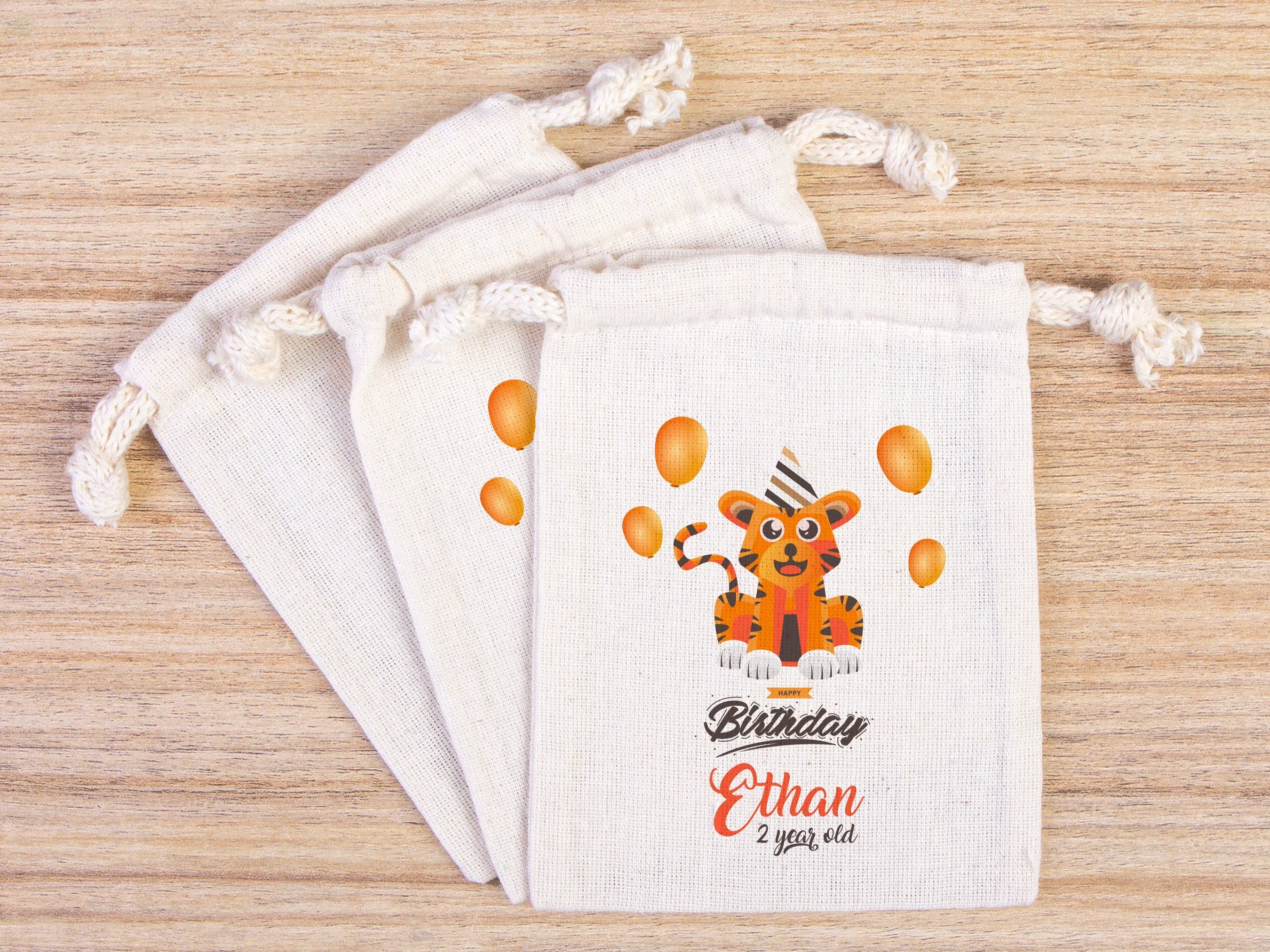 Happy Birthday Tiger Design,  Custom Name Bags, Custom Party Bags for first birthday, Personalized Bags - Custom Goodie Bags