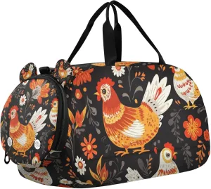 Hens and Chicks Ethnic Duffle Bag for Kids Girls Boys, Sports Gym Bag with Shoe Compartments, Kids Travel Overnight Weekender Shoulder Bag