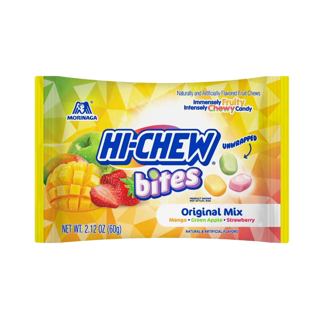 HI-CHEW Bites Original Mix Bulk Candy, Pack of 12 Bags, 2.12oz each - Mango Green Apple Strawberry Chewlets - Unique Fun Soft & Chewy Taffy Candy, Immensely Juicy Fruit Flavors