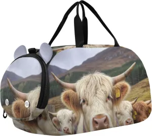 Highland Cows Duffle Bag for Girl, Sports Duffle Gym Bags with Shoe Compartment, Personalized Overnight Bag Travel Weekender for Kids