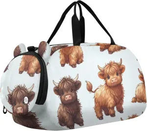 Highland Cows Duffle Bag for Girl, Sports Duffle Gym Bags with Shoe Compartment, Personalized Overnight Bag Travel Weekender for Kids