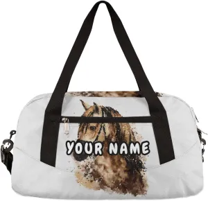 Horse Debris Personalized Kids Duffel Bag for Girls Boys, Horse Watercolor Painting Custom Name Dance Bag Overnight Small Duffel Bag Carry On Weekend Travel Bag for School Practice Gymnastics Ballet