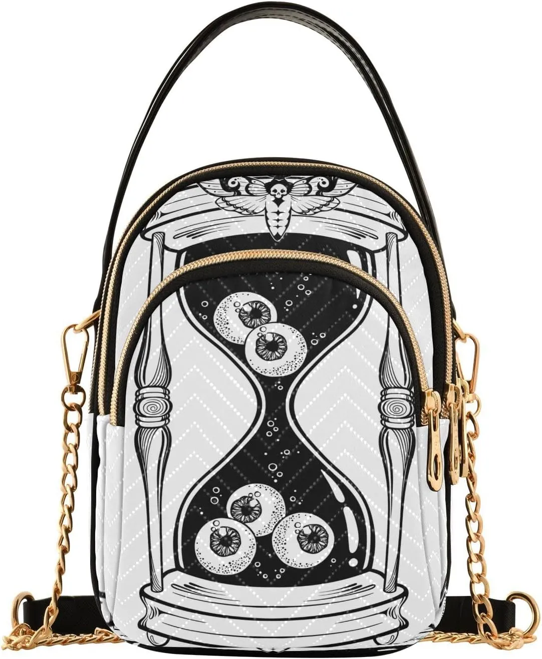 Hourglass with Eyeballs Crossbody Bags for Women Quilted Shoulder Bag Handbag with Chain Strap Hand Drawn Line Art Trendy Cross Body Cell Phone Crossbody Purses for Travel Women