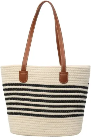 Hycurey Summer Beach Bag for Women Stripes Woven Tote Bag Casual Classics Hand Shoulder Bags Hobo Bags with Large Capacity