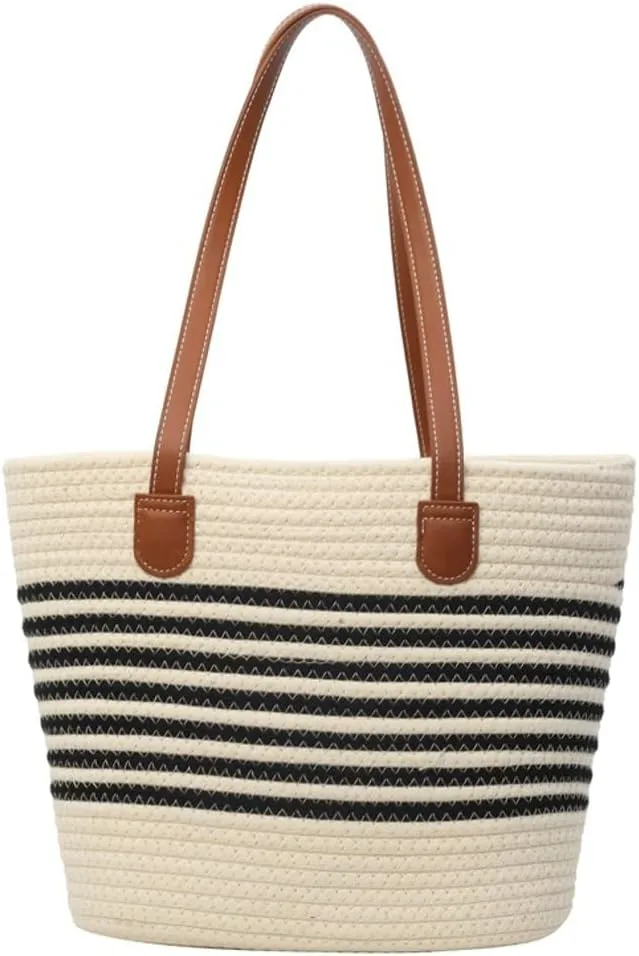 Hycurey Summer Beach Bag for Women Stripes Woven Tote Bag Casual Classics Hand Shoulder Bags Hobo Bags with Large Capacity