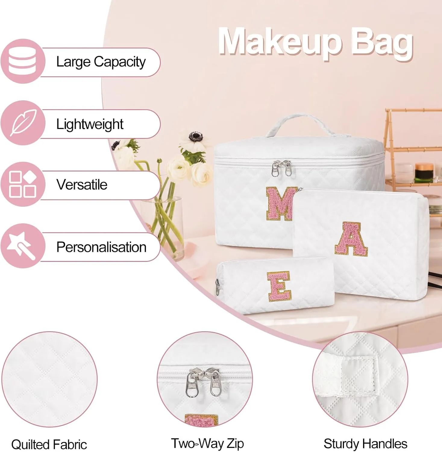 Initial Makeup Bag Set,Personalized Cosmetic Bag for Women,Cute Make Up Bags,Toiletry Organizer Travel Accessories-J