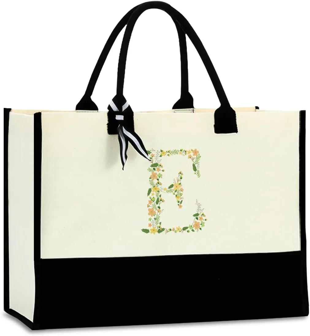 Initial Tote Bag Floral Personalized Beach Bag Reusable Grocery Bags Bridal Shower Wedding Monogrammed Gifts for Women