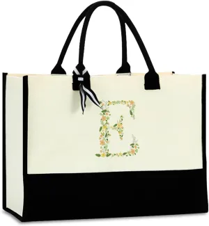 Initial Tote Bag Floral Personalized Beach Bag Reusable Grocery Bags Bridal Shower Wedding Monogrammed Gifts for Women