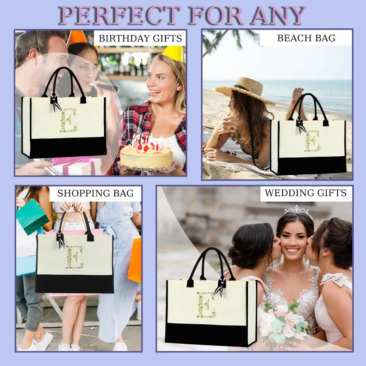 Initial Tote Bag Floral Personalized Beach Bag Reusable Grocery Bags Bridal Shower Wedding Monogrammed Gifts for Women