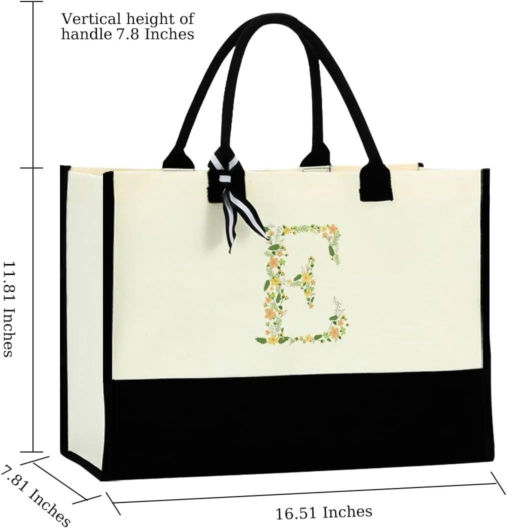 Initial Tote Bag Floral Personalized Beach Bag Reusable Grocery Bags Bridal Shower Wedding Monogrammed Gifts for Women
