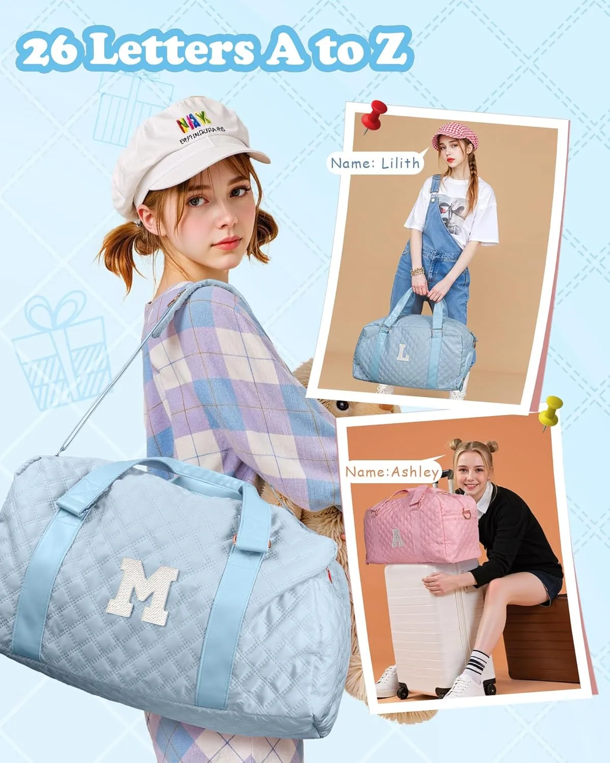 Initial Travel Bag for Girls, Kids Travel Duffel Bag, Graduation Gifts for Her, Monogram Overnight Bag Sleepover Bag Dance Bag, Girls Gifts for Kids Friends