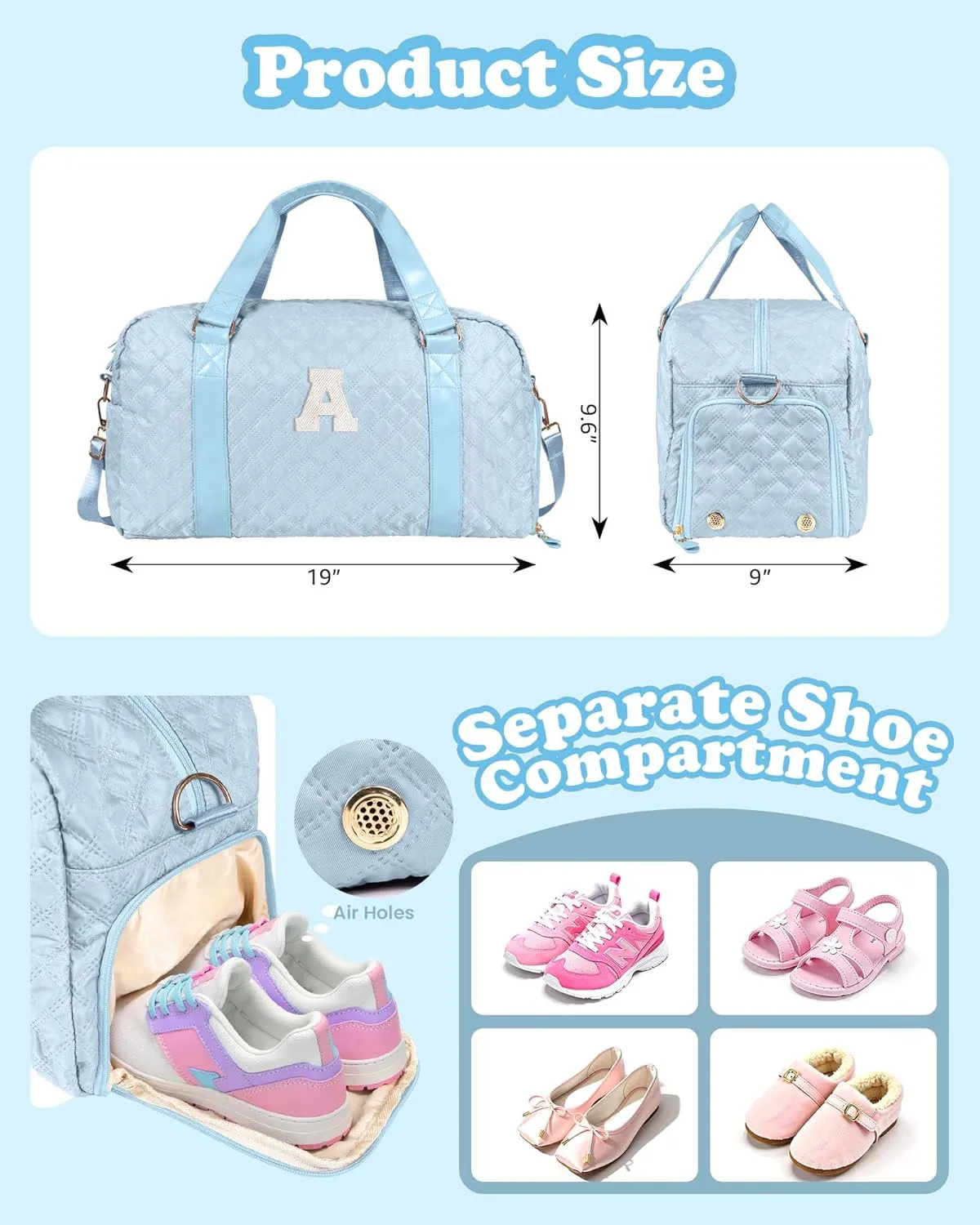 Initial Travel Bag for Girls, Kids Travel Duffel Bag, Graduation Gifts for Her, Monogram Overnight Bag Sleepover Bag Dance Bag, Girls Gifts for Kids Friends