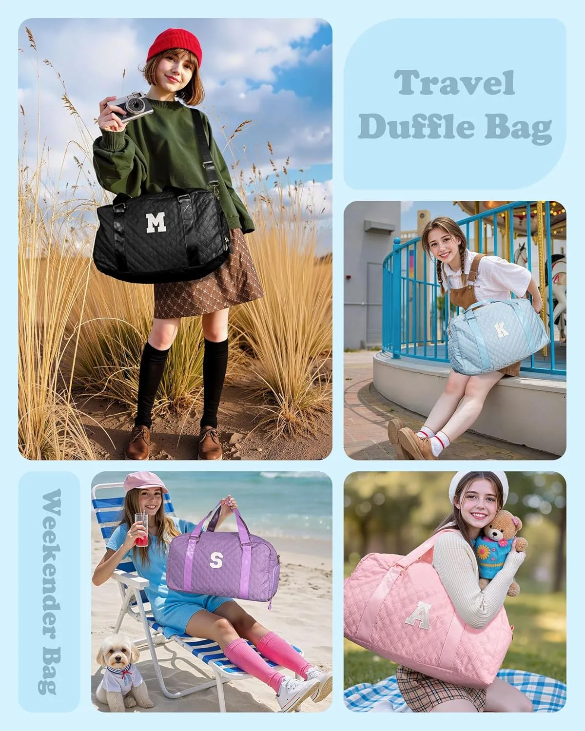 Initial Travel Bag for Girls, Kids Travel Duffel Bag, Graduation Gifts for Her, Monogram Overnight Bag Sleepover Bag Dance Bag, Girls Gifts for Kids Friends