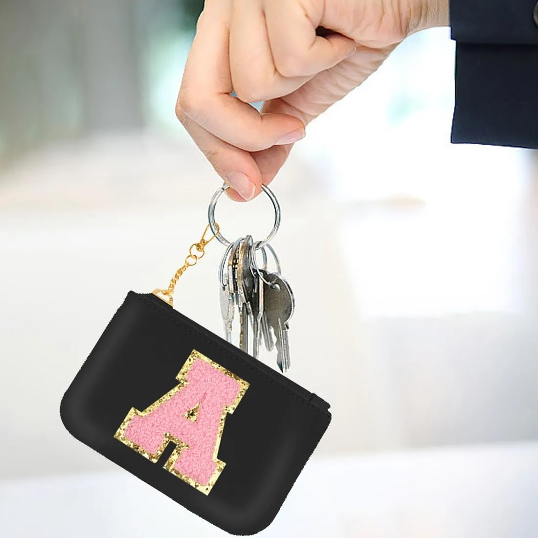 Initial Wristlet Wallets for Women,Monogrammed Wristlet Dual Pouch Wristlet Portable Coin Purse,Mini Detachable Card Purse（A, Black Pink）