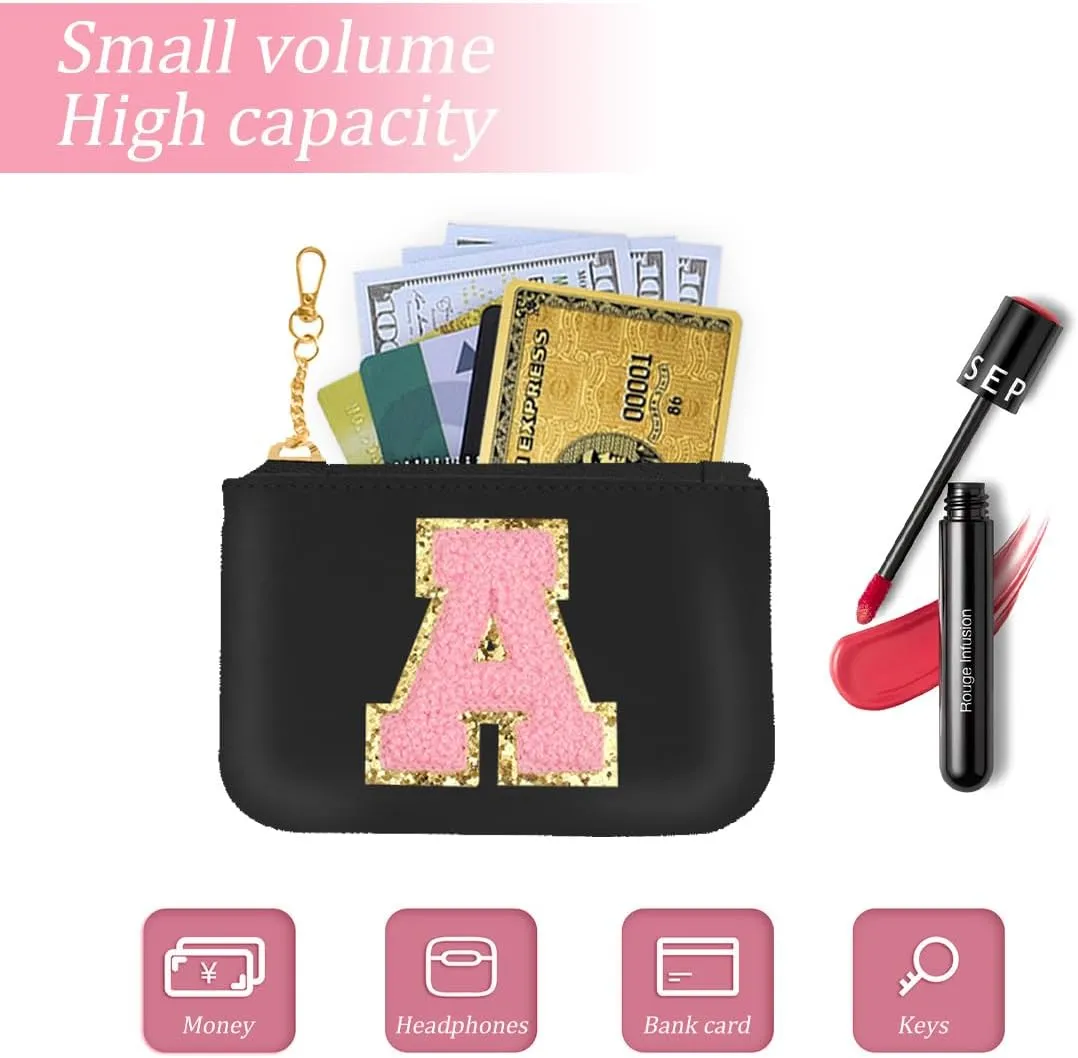 Initial Wristlet Wallets for Women,Monogrammed Wristlet Dual Pouch Wristlet Portable Coin Purse,Mini Detachable Card Purse（A, Black Pink）
