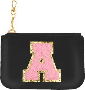 Initial Wristlet Wallets for Women,Monogrammed Wristlet Dual Pouch Wristlet Portable Coin Purse,Mini Detachable Card Purse（A, Black Pink）