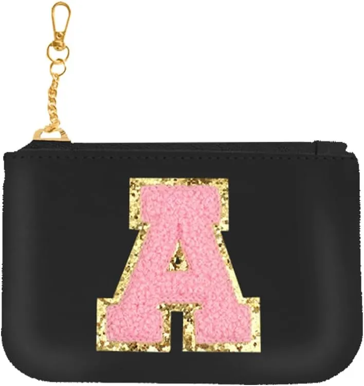 Initial Wristlet Wallets for Women,Monogrammed Wristlet Dual Pouch Wristlet Portable Coin Purse,Mini Detachable Card Purse（A, Black Pink）