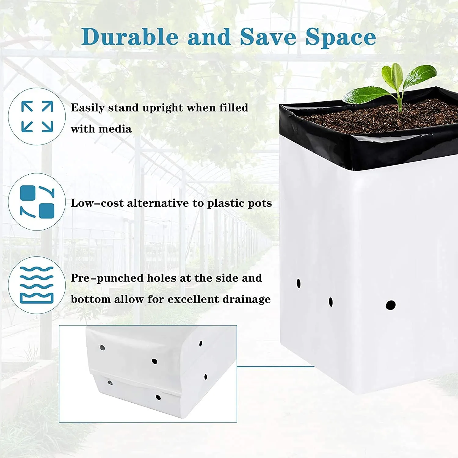 iPower 3 Gallon 50-Pack Black and White Grow Bags Panda Film Containers for Plants Potting Up, Seedling, Nursery Garden and Rooting, Shape Square