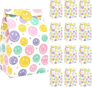 JarThenaAMCS 24Pcs Preppy Party Favor Bags Pastel Smile Face Paper Gift Bags with Tag Stickers Candy Treat Bags for Graduation Baby Shower Bachelorette Wedding Birthday Party Decorations Supplies