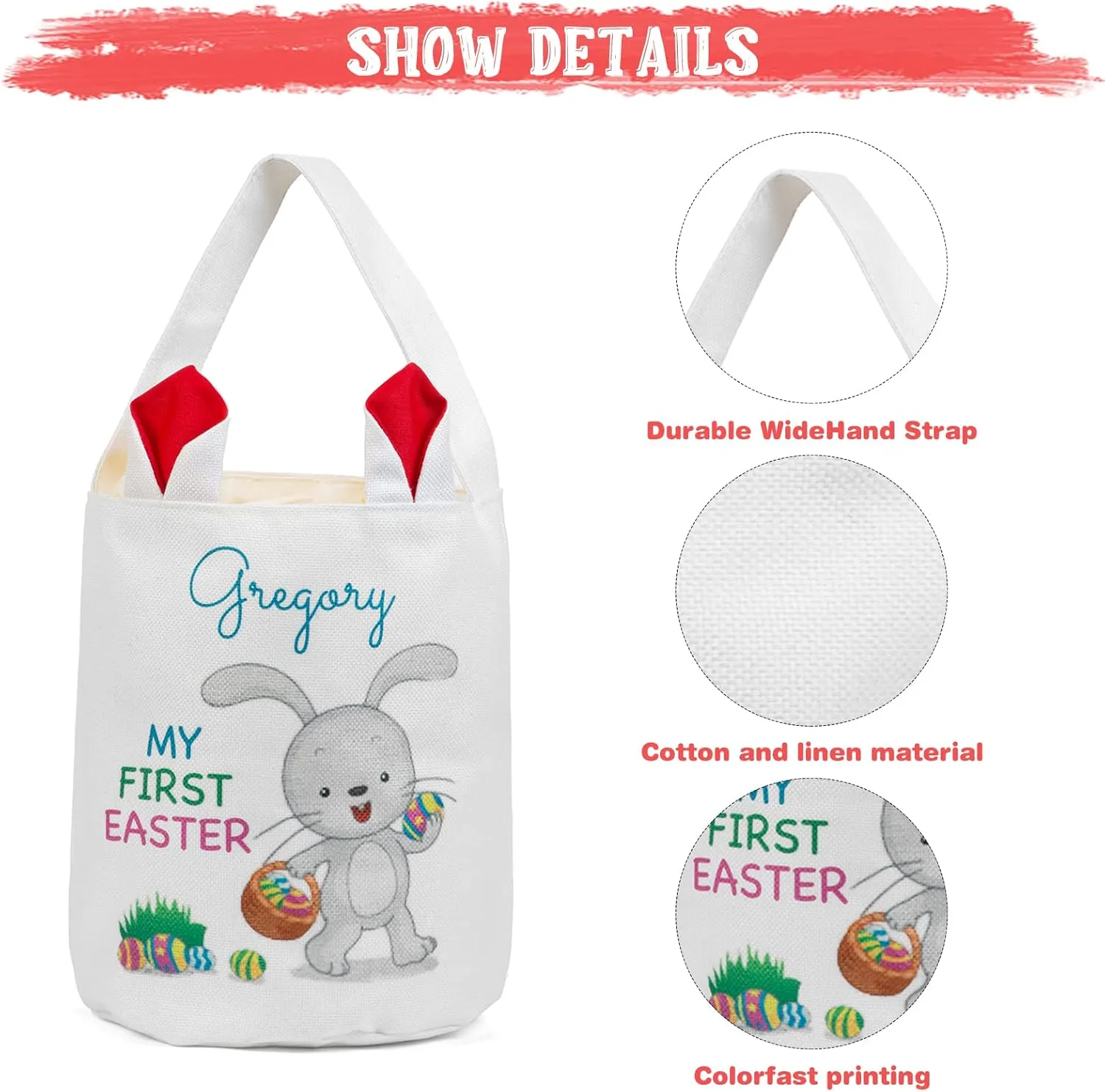 JewelOra Personalized Easter Bunny Basket Bags, Customized Name Candy Egg Basket Rabbit Print Buckets
