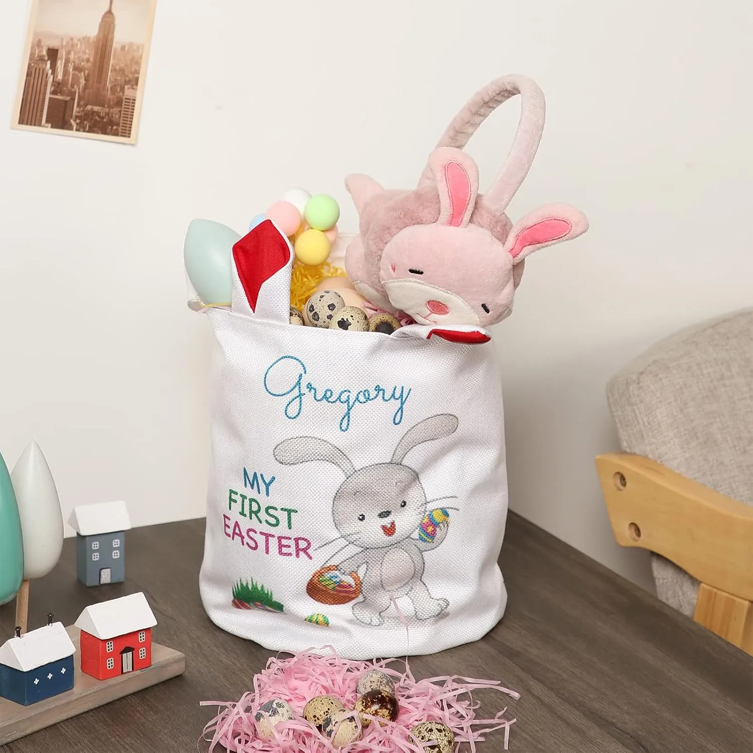 JewelOra Personalized Easter Bunny Basket Bags, Customized Name Candy Egg Basket Rabbit Print Buckets