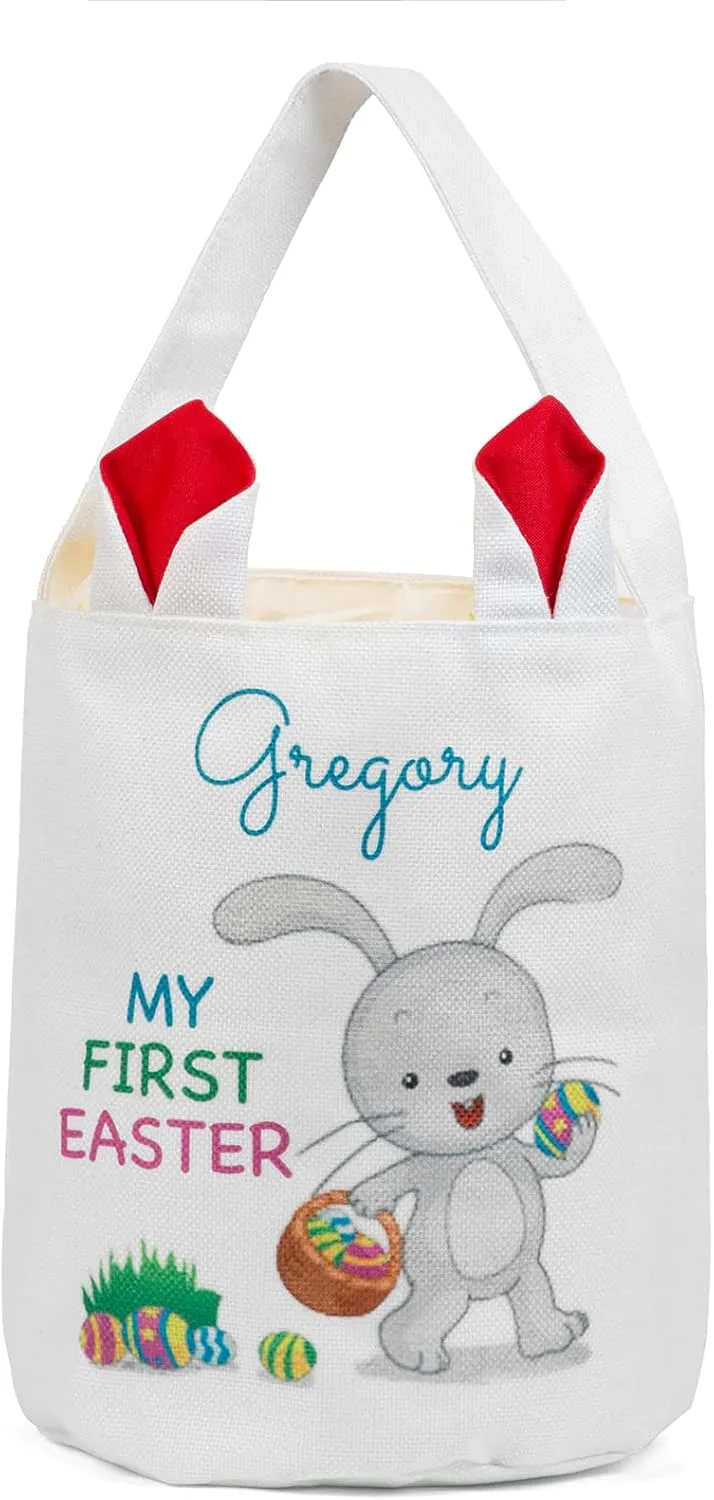 JewelOra Personalized Easter Bunny Basket Bags, Customized Name Candy Egg Basket Rabbit Print Buckets