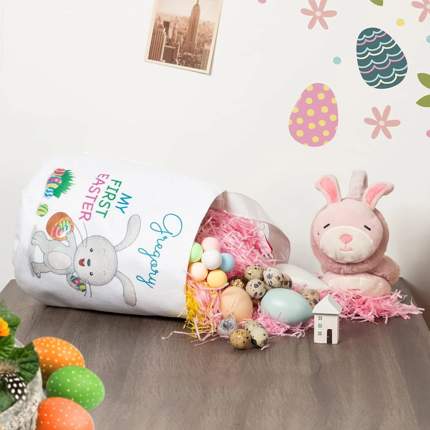 JewelOra Personalized Easter Bunny Basket Bags, Customized Name Candy Egg Basket Rabbit Print Buckets