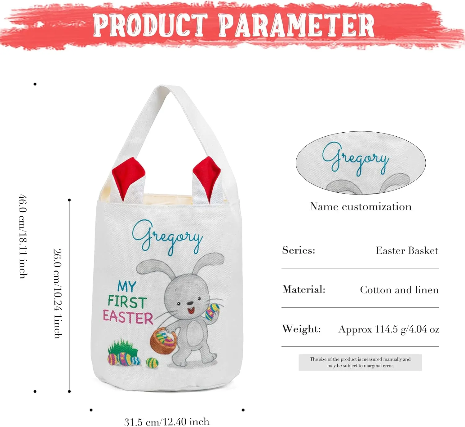 JewelOra Personalized Easter Bunny Basket Bags, Customized Name Candy Egg Basket Rabbit Print Buckets