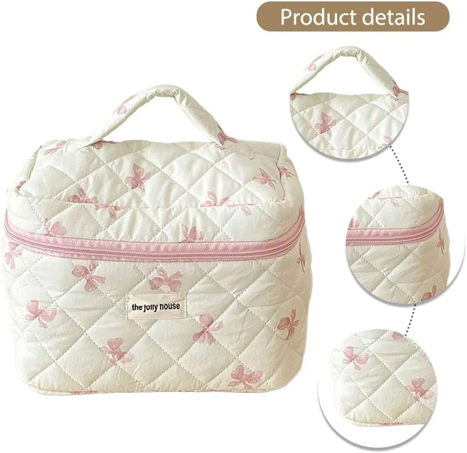 JQWSVE Coquette Bow Makeup Bag Jolly House Floral Makeup Bag Set Y2k Quilted Aesthetic Cosmetic Bag Cute Travel Toiletry Bag