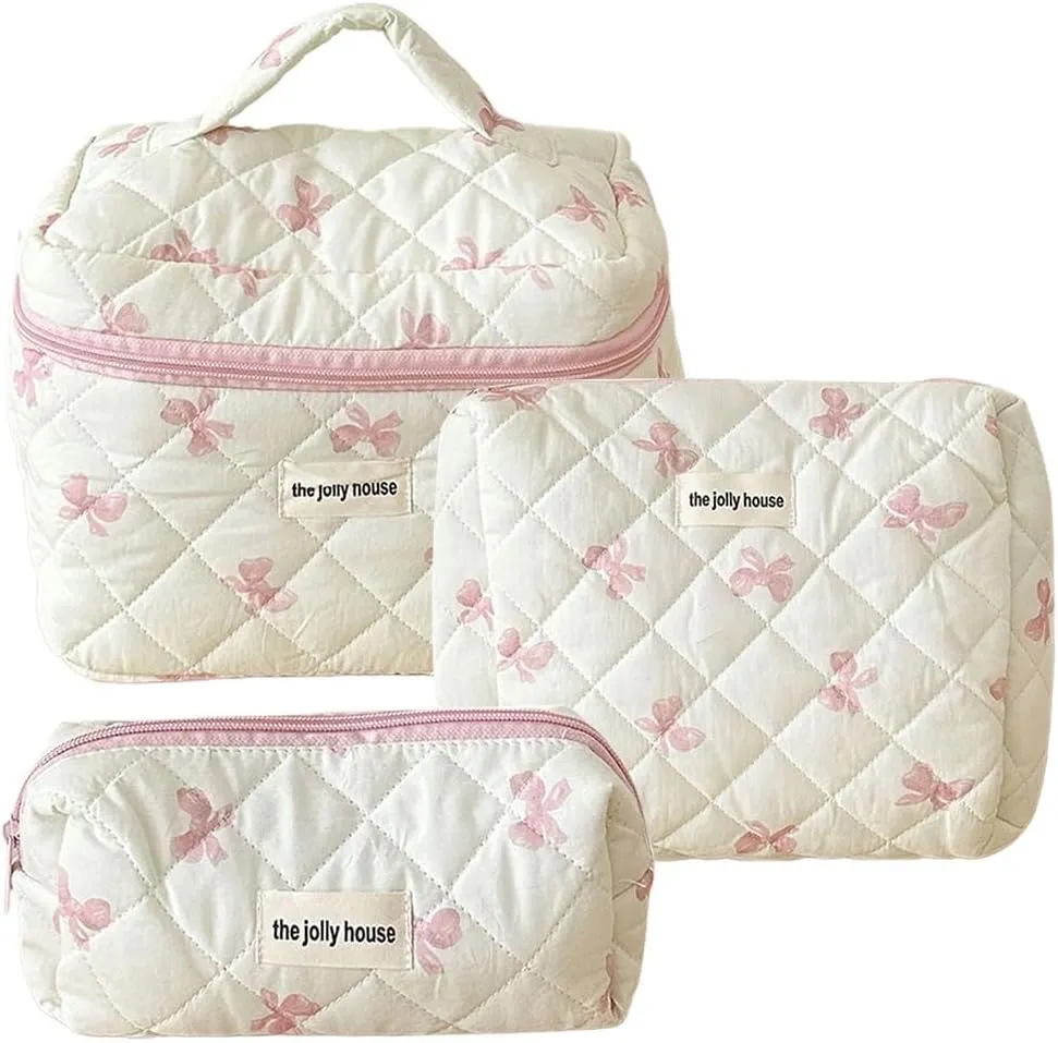 JQWSVE Coquette Bow Makeup Bag Jolly House Floral Makeup Bag Set Y2k Quilted Aesthetic Cosmetic Bag Cute Travel Toiletry Bag