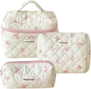 JQWSVE Coquette Bow Makeup Bag Jolly House Floral Makeup Bag Set Y2k Quilted Aesthetic Cosmetic Bag Cute Travel Toiletry Bag