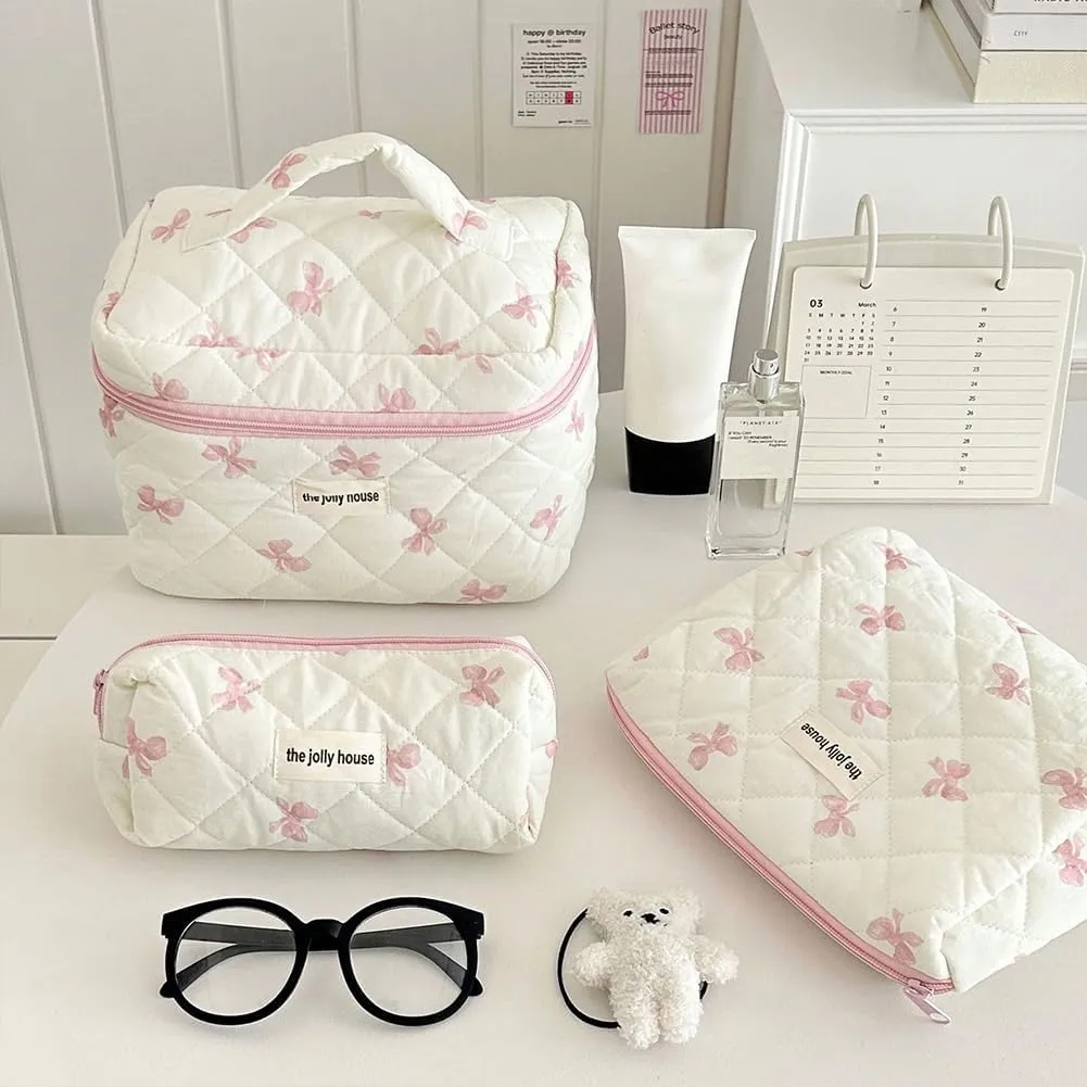 JQWSVE Coquette Bow Makeup Bag Jolly House Floral Makeup Bag Set Y2k Quilted Aesthetic Cosmetic Bag Cute Travel Toiletry Bag