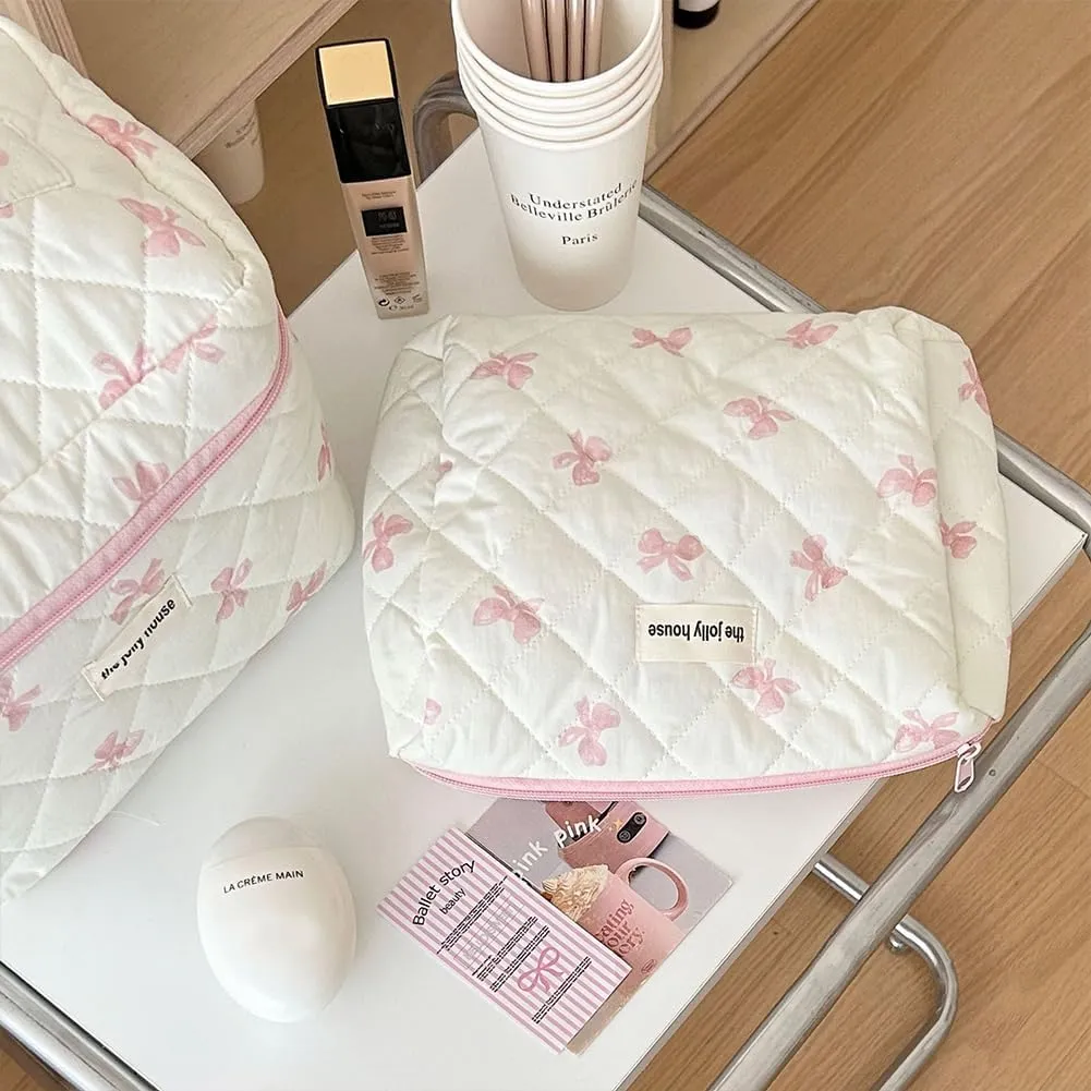 JQWSVE Coquette Bow Makeup Bag Jolly House Floral Makeup Bag Set Y2k Quilted Aesthetic Cosmetic Bag Cute Travel Toiletry Bag