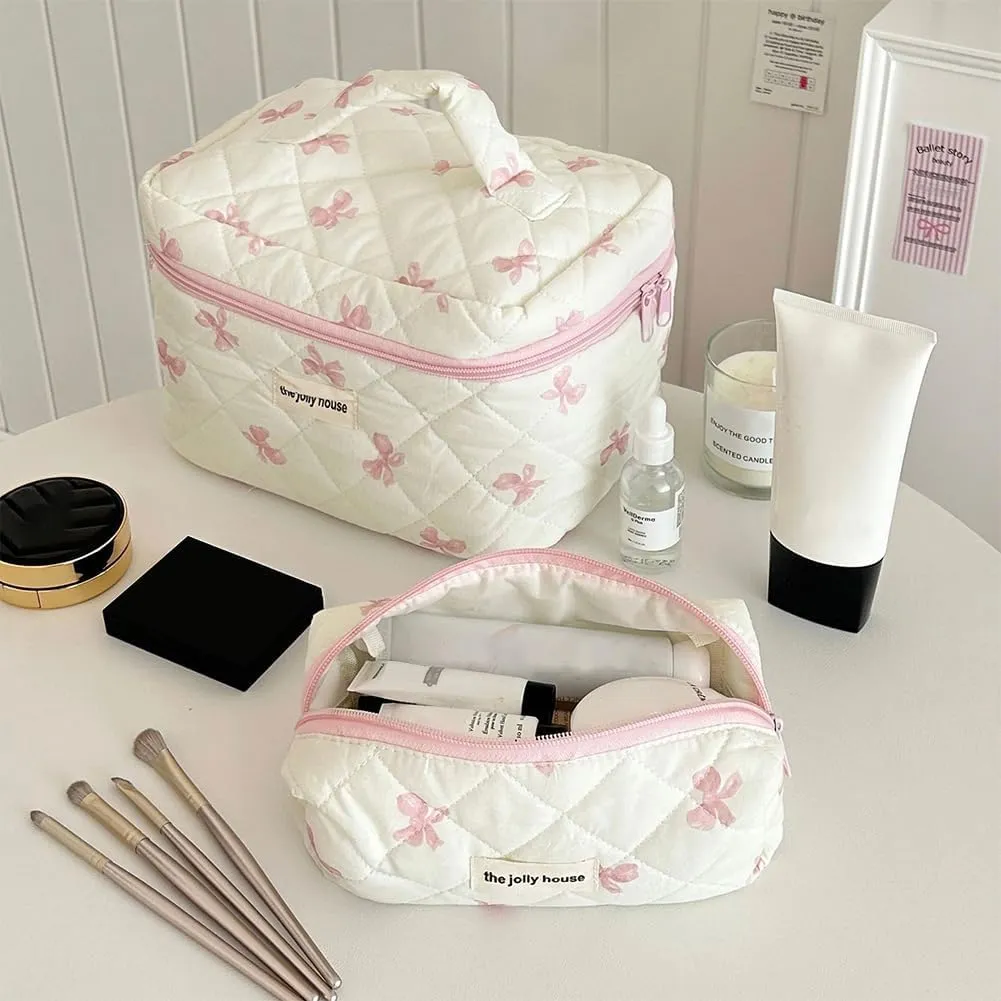 JQWSVE Coquette Bow Makeup Bag Jolly House Floral Makeup Bag Set Y2k Quilted Aesthetic Cosmetic Bag Cute Travel Toiletry Bag