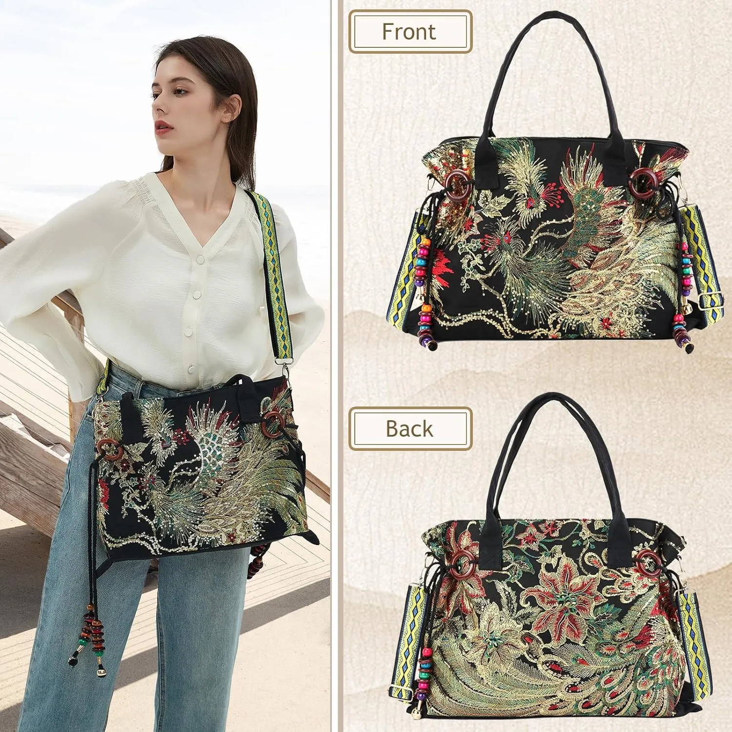 Jursccu Women Canvas Tote Bags Embroidery Handbags Stylish Casual Shoulder Bags
